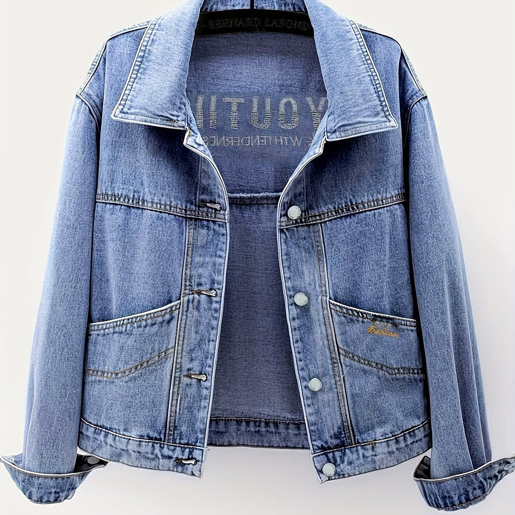 Women's Retro Slimming Loose Fit Short Jacket - 65% Blend Embroidered Letter Detail, Lapel Collar Spring\u002FFall Casual Outerwear, Versatile Blue Denim Coat for Casual Attire, Casual Women's Jacket | Embroidered Denim | Relaxed Fit Jacket