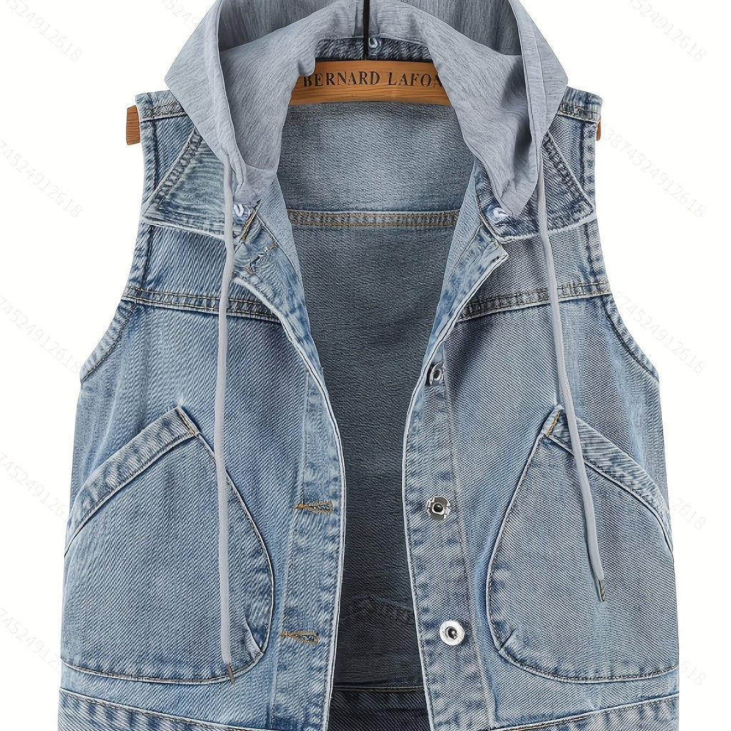 A Loose-Fitting Spring And Autumn Jacket in a Trendy Korean Style, Featuring Versatile Square Slant Pockets, Sleeveless Design, Short Length, And Single-Breasted Closure. The Hood Is Detachable, Making It a Stylish Hoodie Jacket.