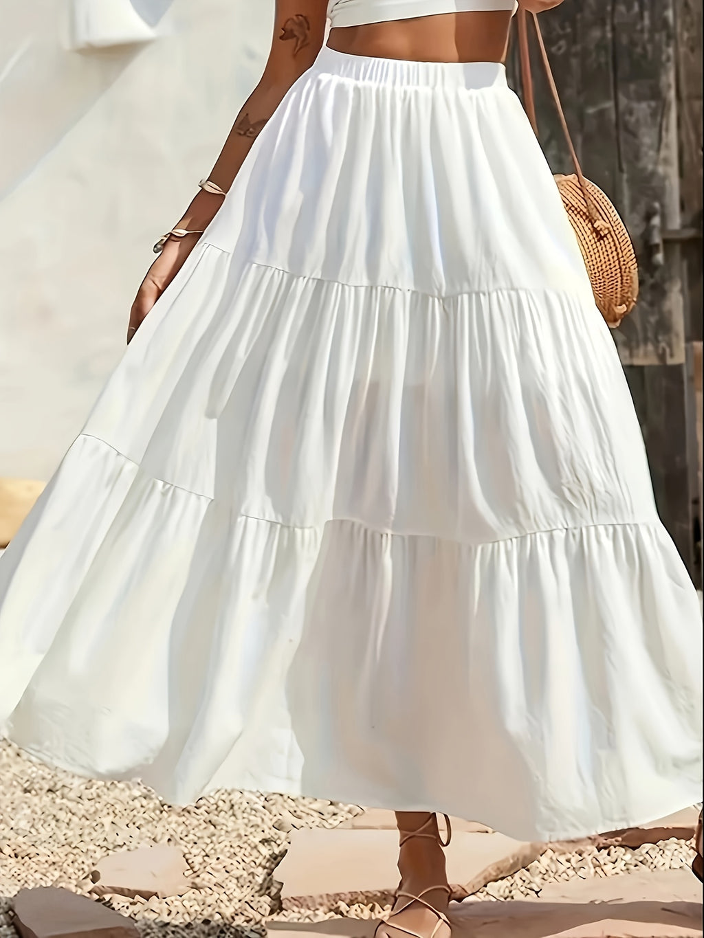Elegant White Midi Skirt for Women - Flared Hem, Tiered Design, Slimming Effect, Perfect for Summer Fashion, Casual Summer Wear|Layered Look| Flowing Silhouette, Skirt for Dress
