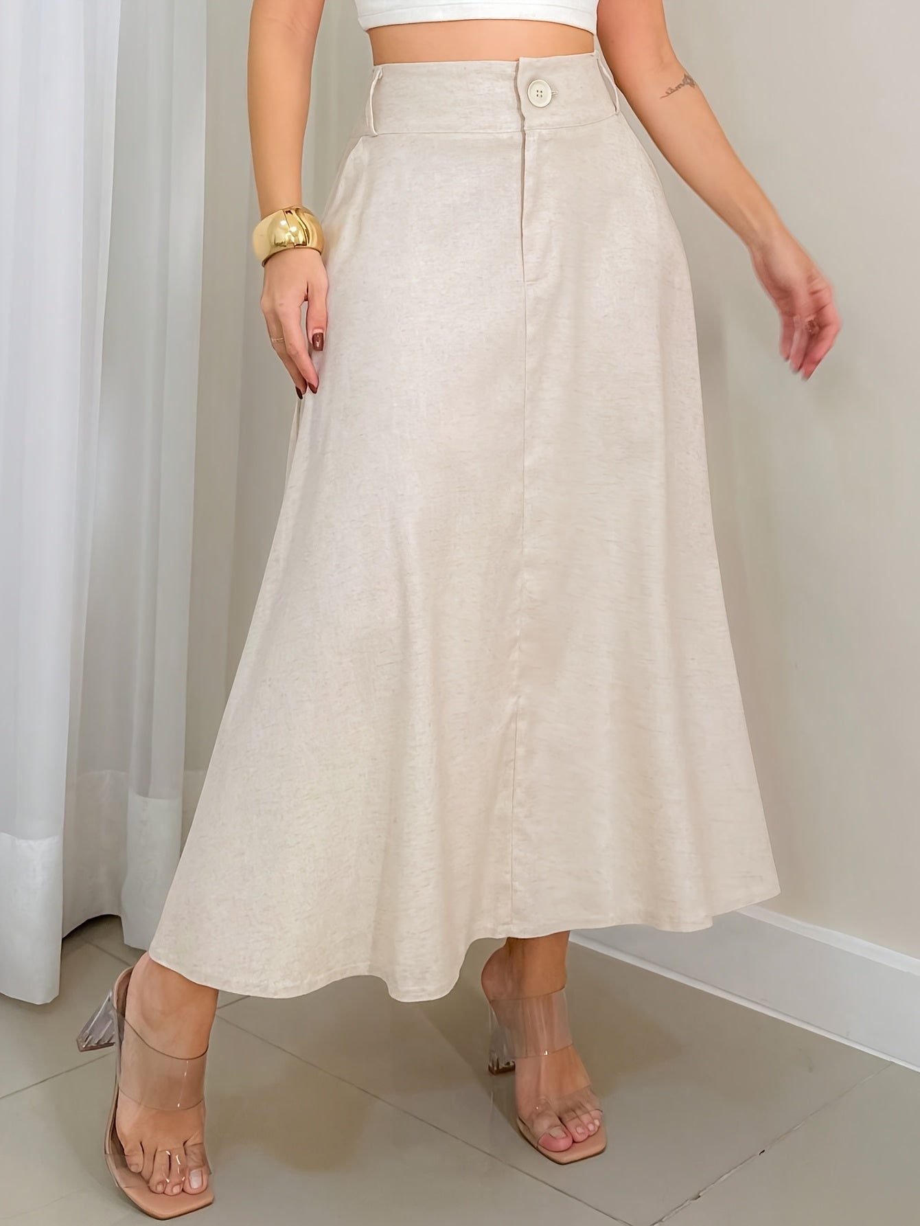 Women'S Elegant High-Waisted A-Line Midi Skirt - Lightweight 3\u002F4 Sleeve, Beige Solid Color, Perfect for Summer Commute & Casual Wear, Casual Summer Wear | Aline Silhouette | Smooth Textur