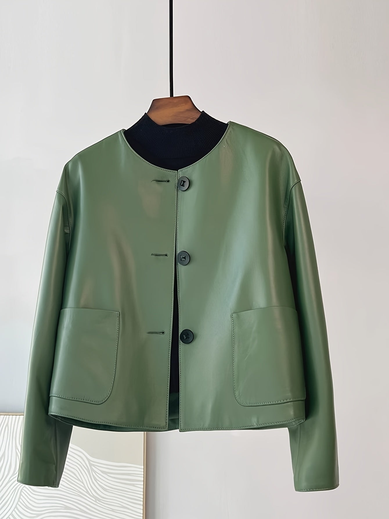 Women's Chic Green PU Leather Jacket - Casual Short Style with Button Front, Long Sleeves, and Side Pockets for Spring\u002FFall