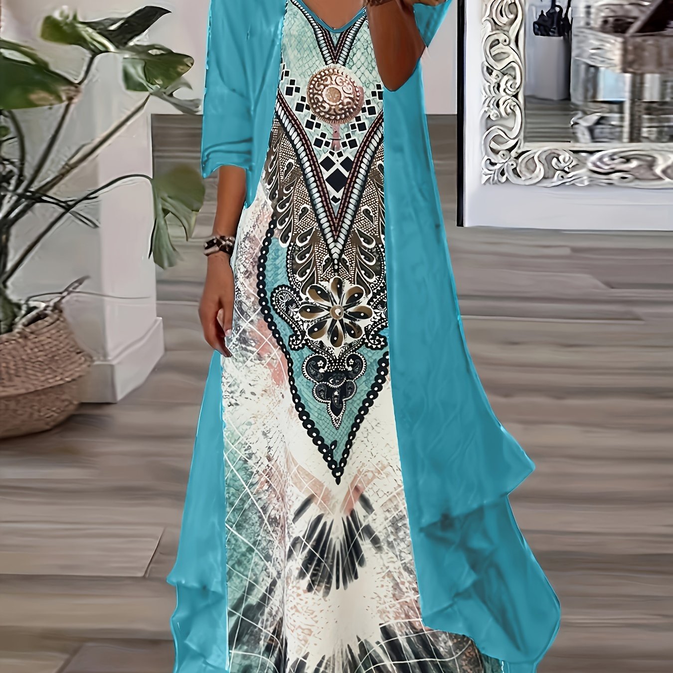 Bohemian Style Long Dress Set for Women - Two-Piece Chiffon Jacket and V-Neck Printed Maxi Dress, Casual Date Outfit with Ethnic Patterns, Vacation Wear