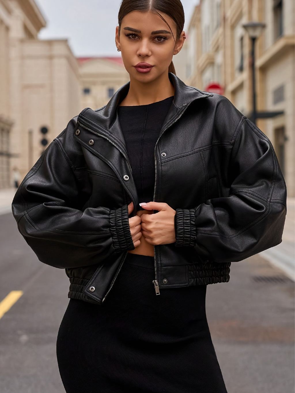 Women'S Casual Stand Collar Black Cropped Jacket, Faux Leather with Zipper, Solid Color, Long Sleeve, Short Length, Fall\u002FWinter Outerwear, 91% Polyester 5% 4% Viscose