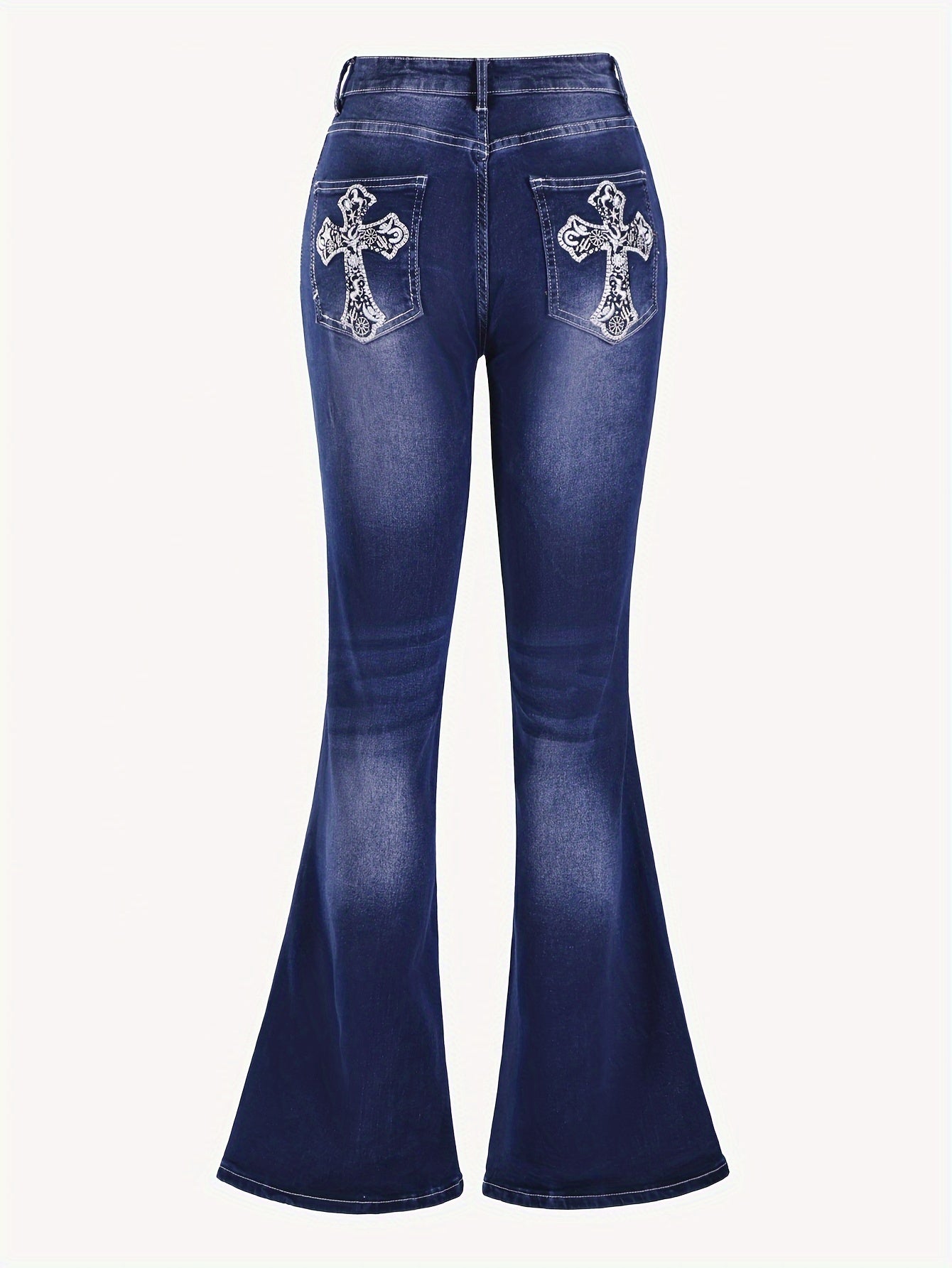 Cross Embroidery Whiskering Washed Blue Retro Style Zipper Button Closure Denim Pants, Women's Denim Jeans & Clothing