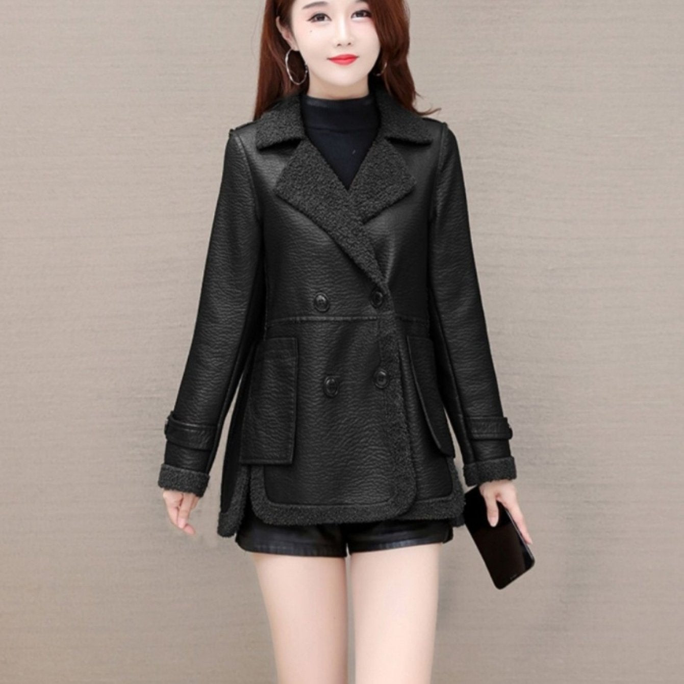 Elegant PU Leather Reversible Jacket for Women - Warm Fleece-Lined, Casual Loose Fit with Pockets, Solid Color, Polyurethane Material, Perfect for Fall\u002FWinter