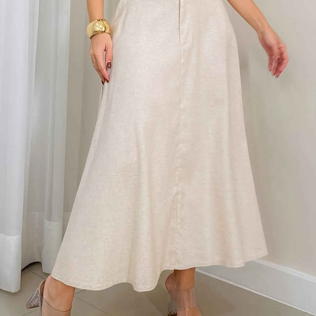 Women'S Elegant High-Waisted A-Line Midi Skirt - Lightweight 3\u002F4 Sleeve, Beige Solid Color, Perfect for Summer Commute & Casual Wear, Casual Summer Wear | Aline Silhouette | Smooth Textur