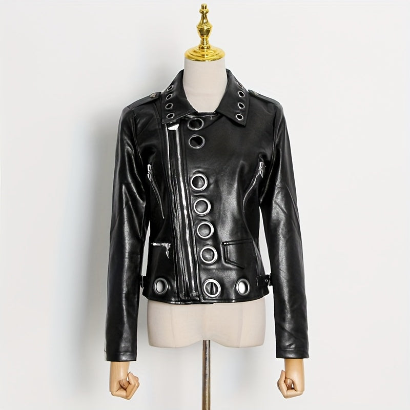 New style Women's versatile fashion PU Leather jacket, trendy cool motorcycle jacket, novelty ripped metal ring jacket for men and women, casual punk street style, perfect gift for men and women for holiday parties