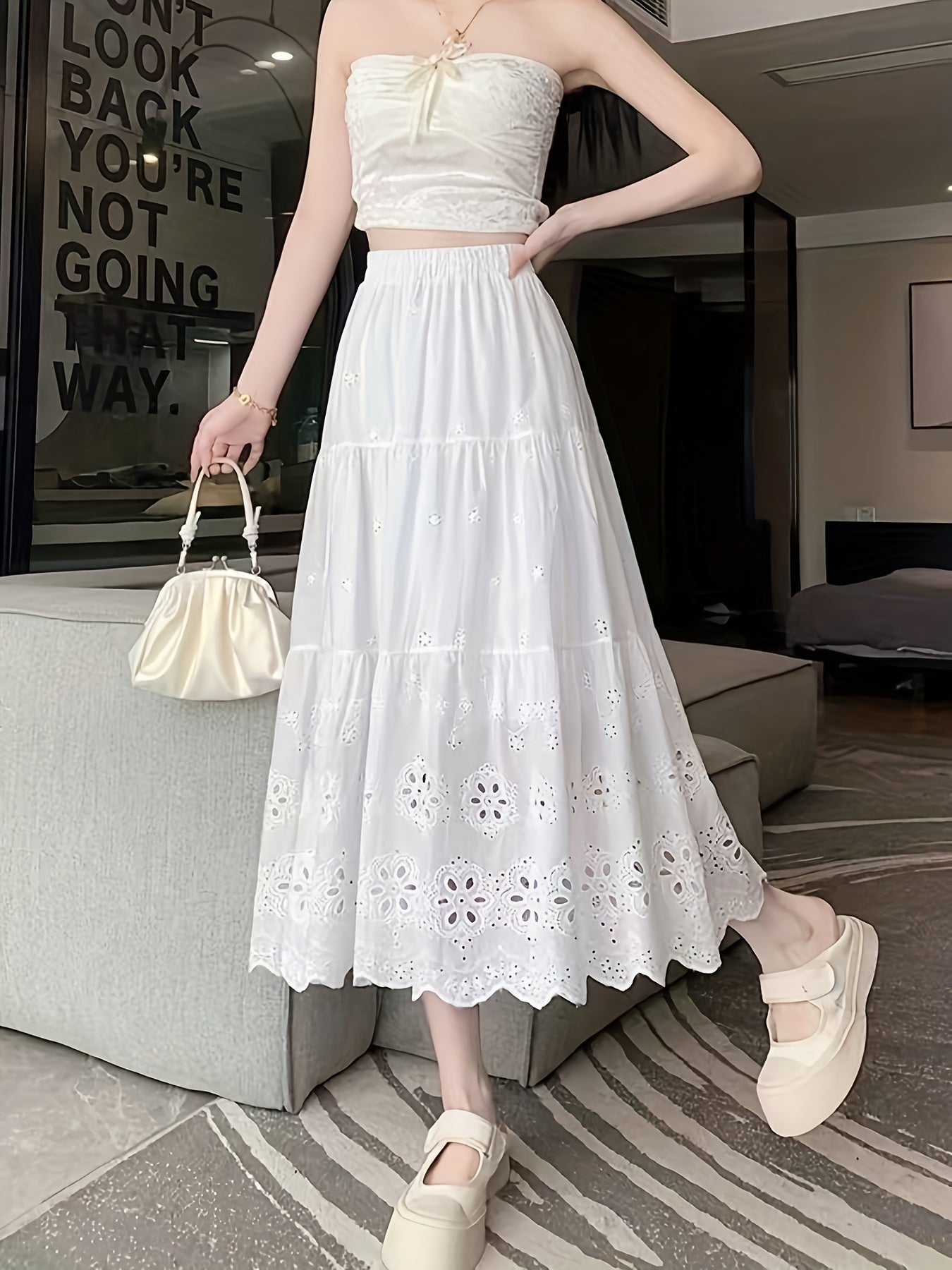 Women'S Summer Hollow Embroidered Midi Skirt with Elastic High Waist And Flared Design.