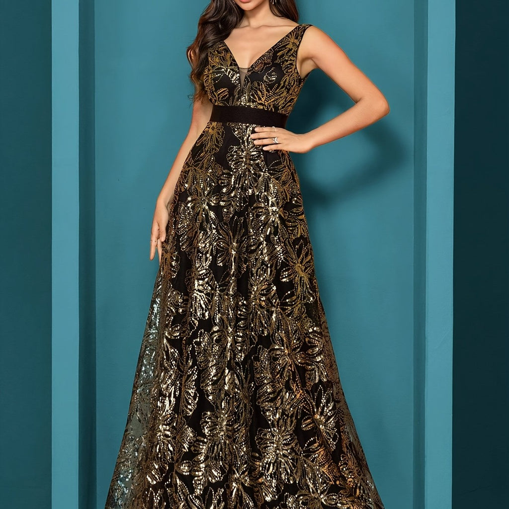 Elegant V-Neck Sequin Embroidered Sleeveless Maxi Dress for Women - Flowing Floor-Length Evening Gown with Lace Detailing, Perfect for Parties, Proms, and Formal Events
