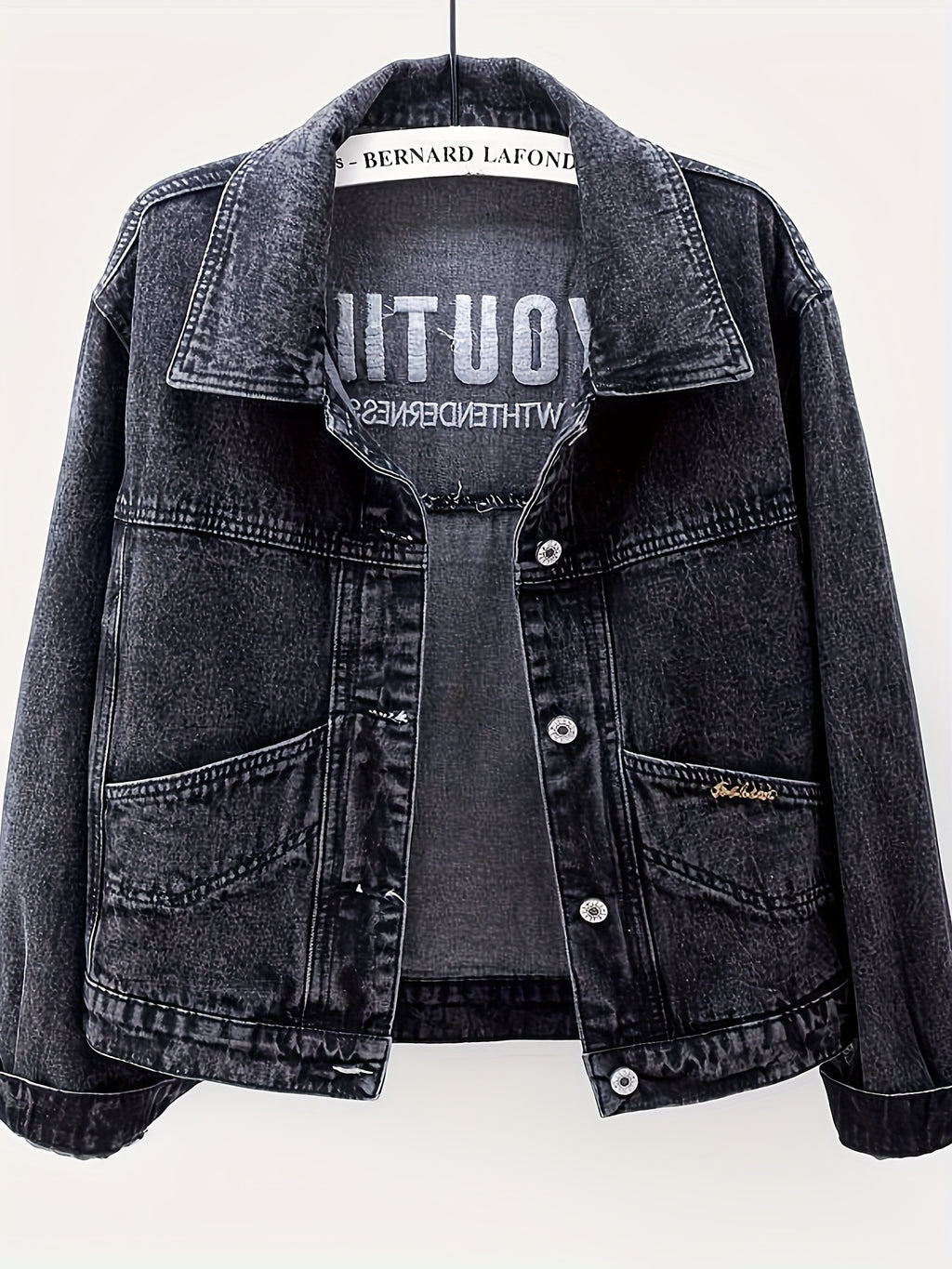 Women's Retro Slimming Loose Fit Short Jacket - 65% Blend Embroidered Letter Detail, Lapel Collar Spring\u002FFall Casual Outerwear, Versatile Blue Denim Coat for Casual Attire, Casual Women's Jacket | Embroidered Denim | Relaxed Fit Jacket