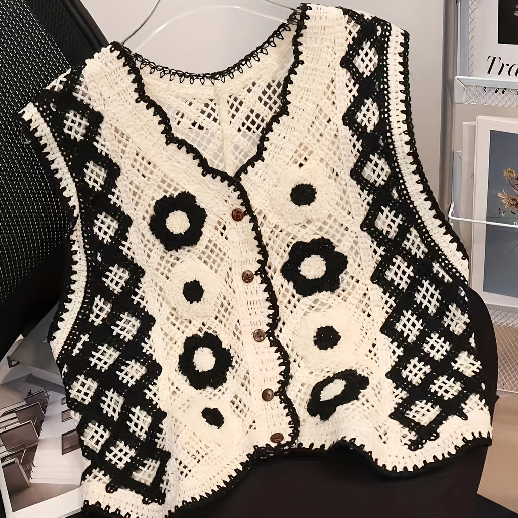 Bohemian Style Versatile Hollow Crochet Vest for Women, Cute Summer V-Neck Outerwear for Vacation Layering.