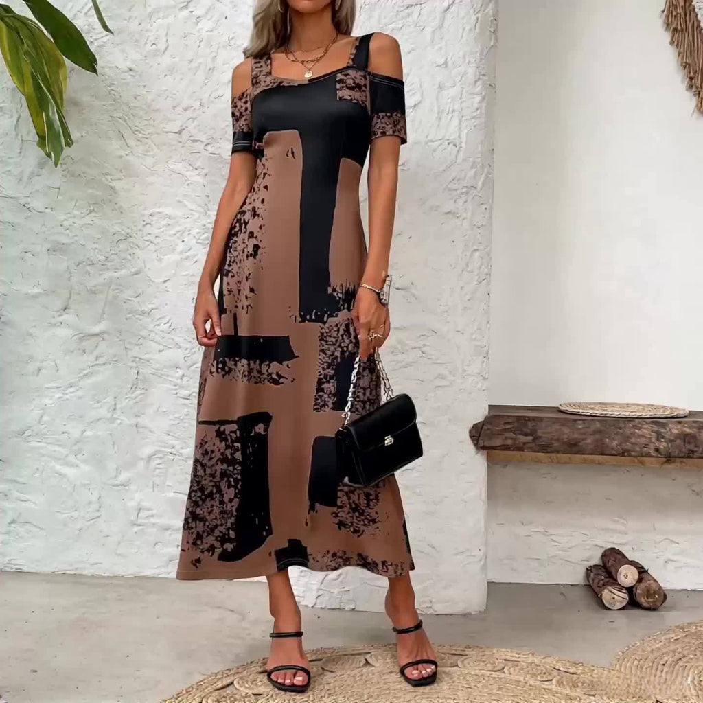 Women'S Summer Vacation Dress - Square Neck, Short Sleeve, Knit Fabric, 170g\u002Fm², Polyester and Spandex Blend, Long Length, Strapless A Pendulum Dress with Drawing Pattern