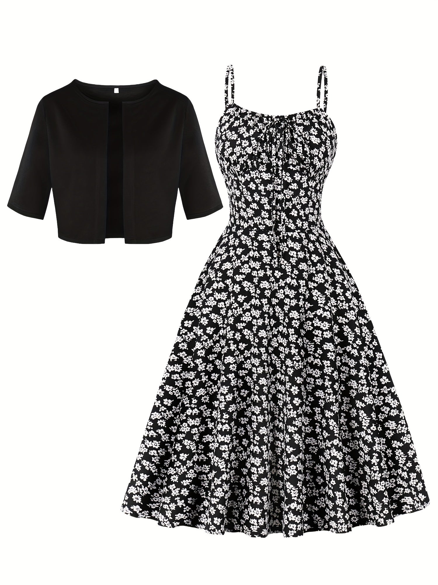 1pc Elegant Floral Print Two-Piece Dress Set, Polyester 100%, Crew Neck, Short Sleeve Top with Bow Detail, Woven Skirt, Spring\u002FSummer Party Outfit