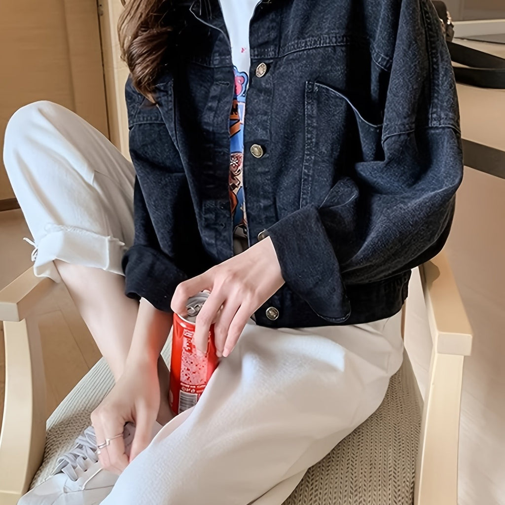 Women'S Black Denim Jacket with Cute Bear Applique - Casual Long Sleeve, Non-Stretch Fabric, Spring\u002FSummer Fashion, Casual Outerwear | Playful Design | Decorative Details