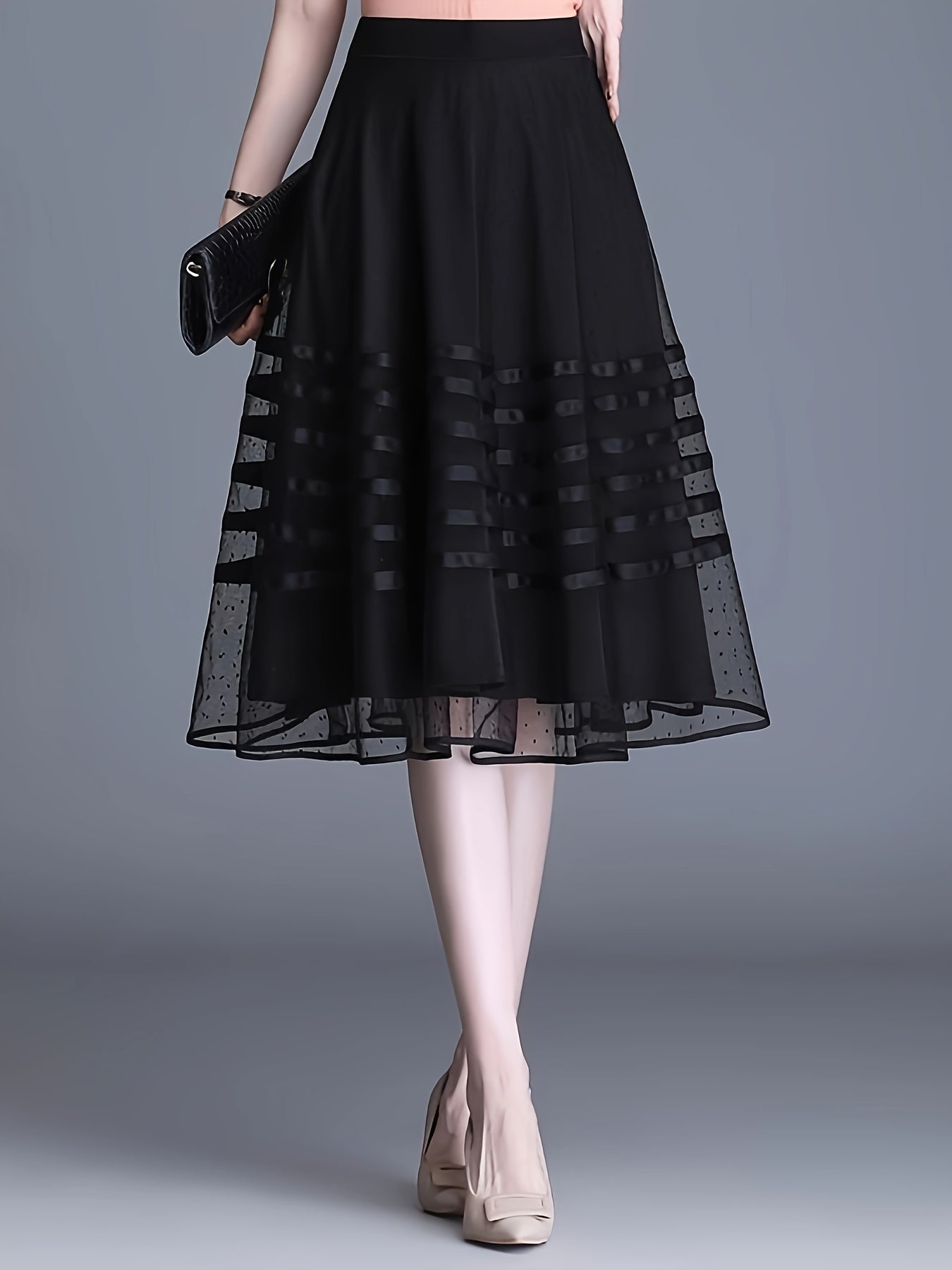 Polyester Striped A-Line Skirt, Mid-Length, Pleated, Contrast Mesh, High-Waisted, Slimming, No Belt, for Women, Summer, Spring, Fall, Vacatio