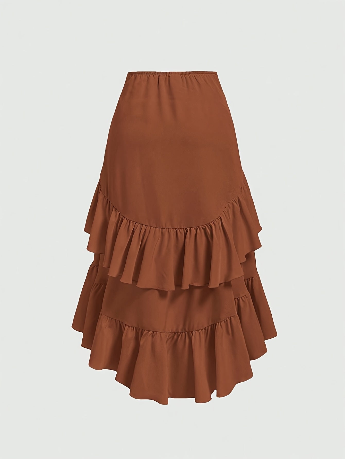 Vintage Brown Pleated Midi Skirt with Ruffled Hem and Cross Detail – Breathable, Stretchy Waistband, Machine Washable – Perfect for Commuting, Outings, and Everyday Elegance