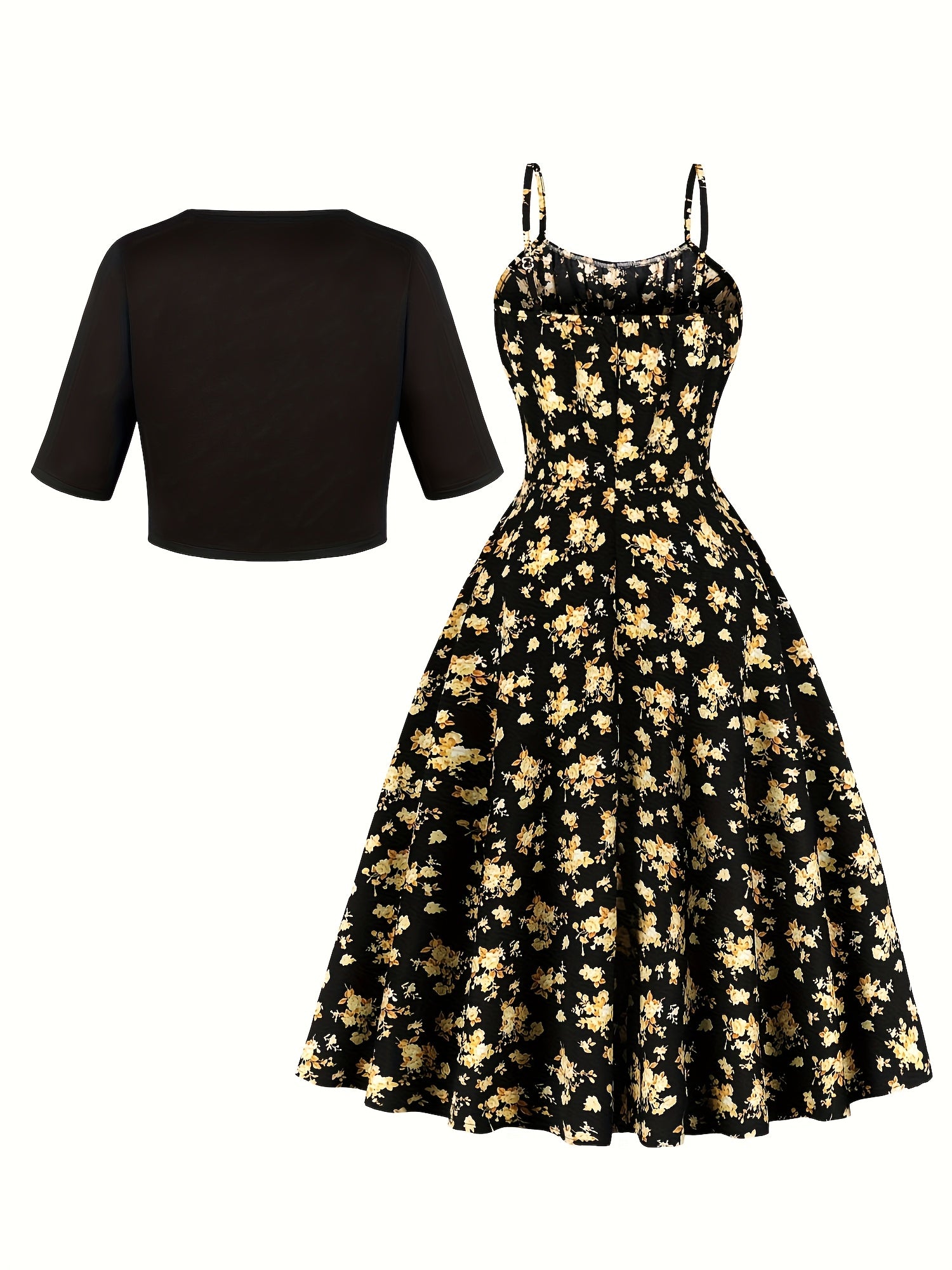 Charming Floral Strap Skirt Women's Sweet Versatile Black Blouse Dress Set