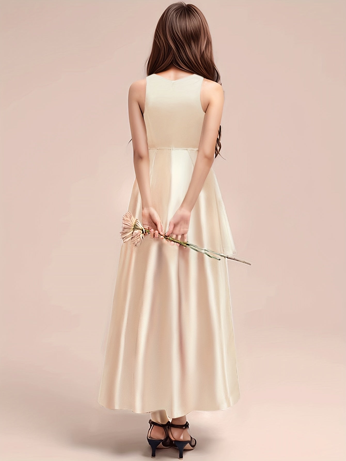 GULULU Girls' Elegant Summer Dress - Sleeveless Navy Blue A-Line Gown with Floral Detail, Lightweight Polyester Fabric, Perfect for Youngsters, Princess Style Long Dress, Summer Dresse