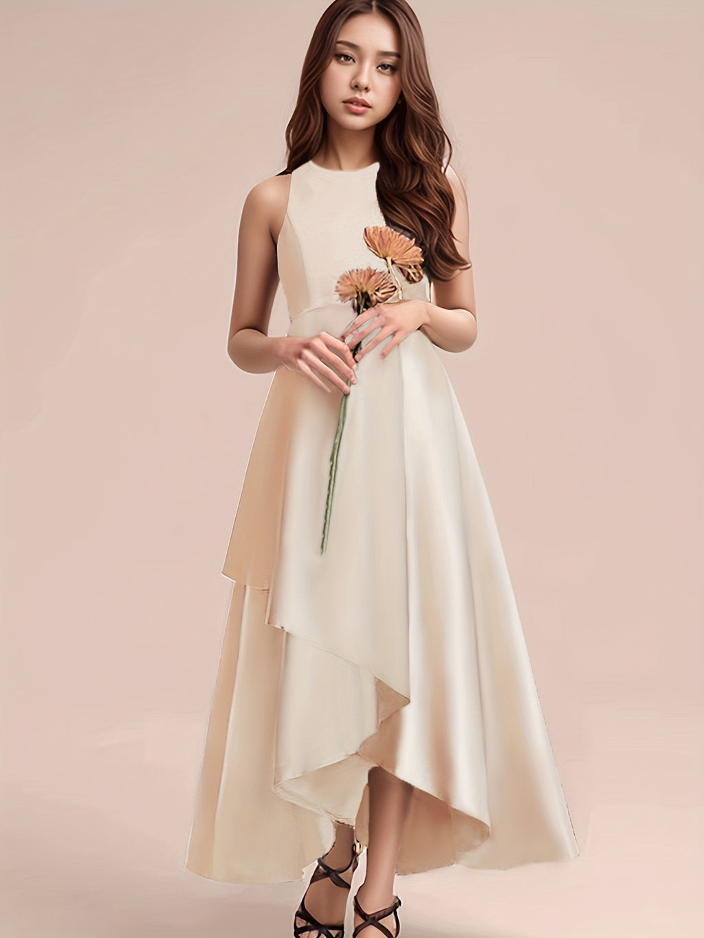 GULULU Girls' Elegant Summer Dress - Sleeveless Navy Blue A-Line Gown with Floral Detail, Lightweight Polyester Fabric, Perfect for Youngsters, Princess Style Long Dress, Summer Dresse