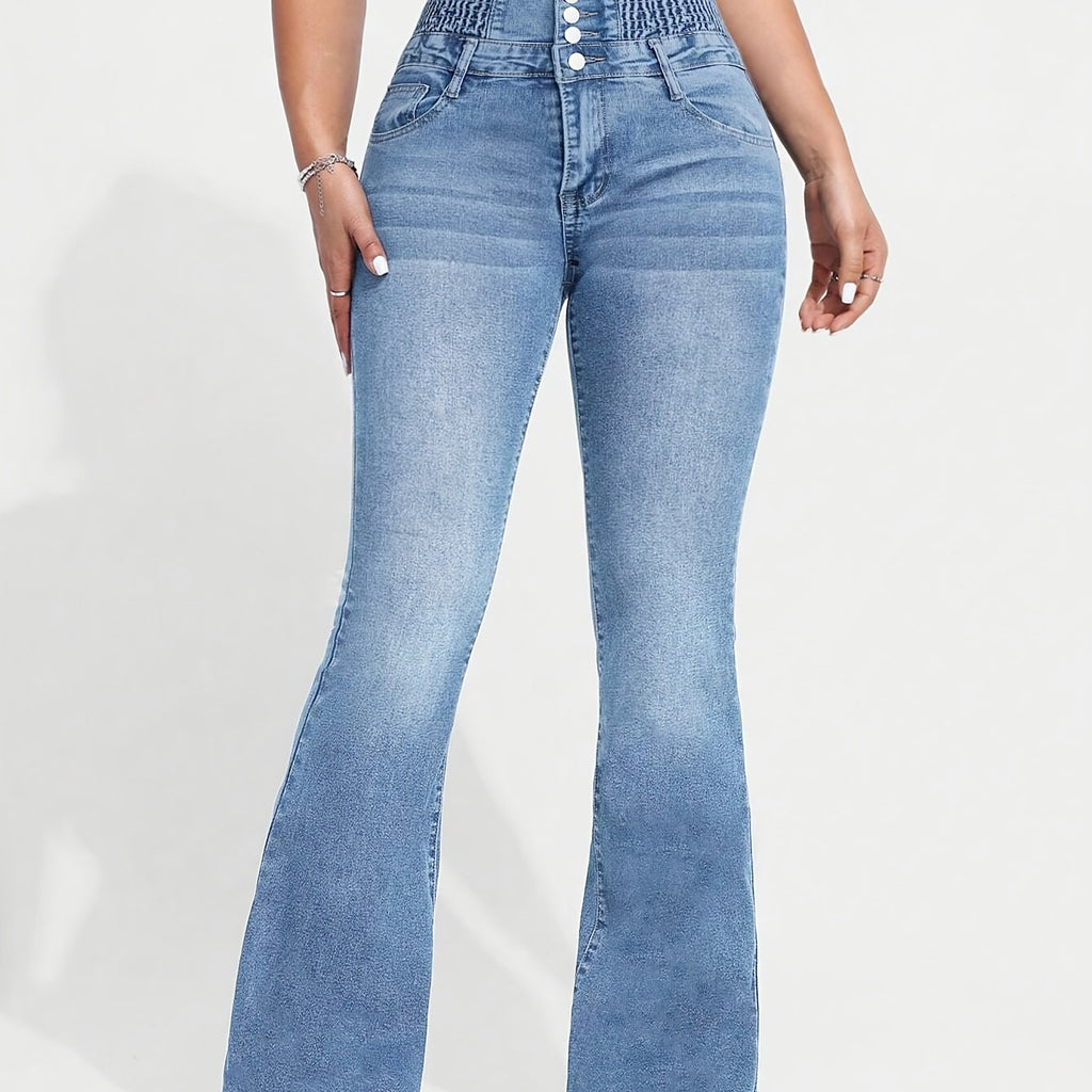 Women's High-Waist Stretch Denim Flare Jeans with Front Button Closure, Comfortable Bell Bottoms in Light Blue Washed Finish, Elegant & Trendy Design for Casual Attire