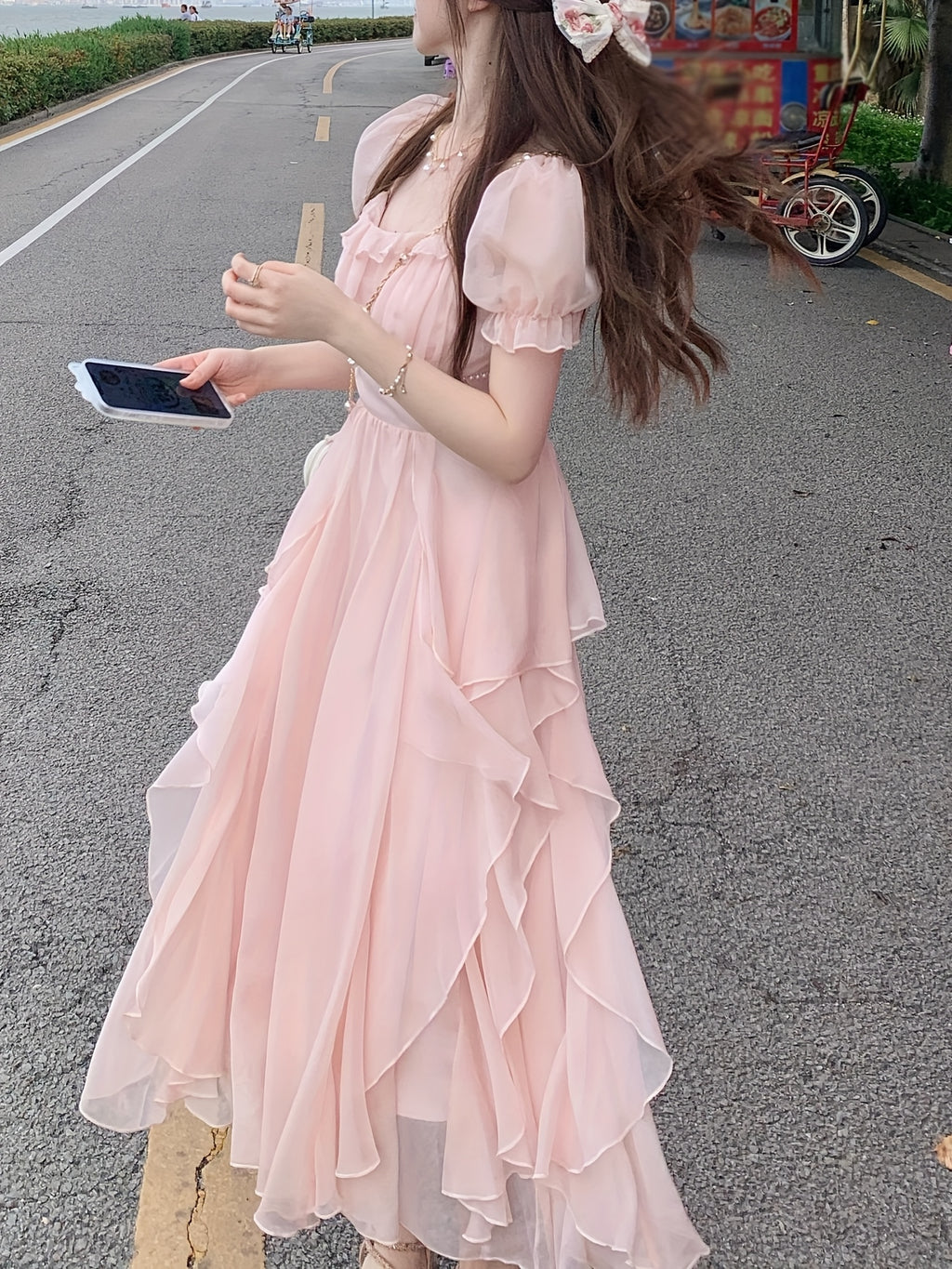 Elegant French-Inspired Midi Dress with Ruffled Sleeves and Square Neckline - Beaded Cinched Waist, Flowing A-Line Silhouette, Perfect for Spring\u002FSummer, Cute Dres