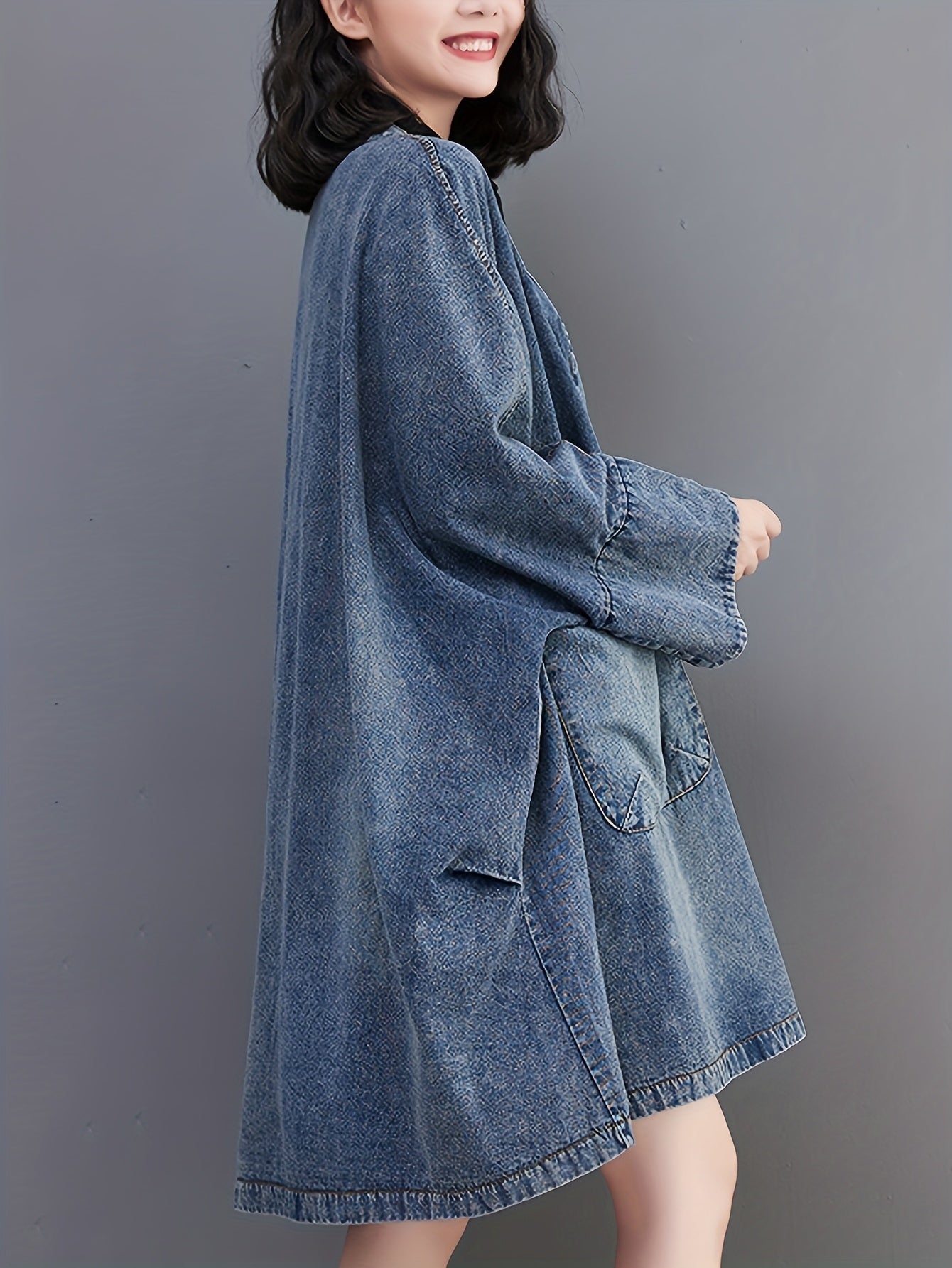 Women's Vintage Japanese-Inspired Distressed Denim Jacket Coat - Loose Fit Long Sleeve Open Front Casual Chic Outerwear, Machine Washable Non-Stretch Denim for Layering, Layering Piece | Decorative Pockets