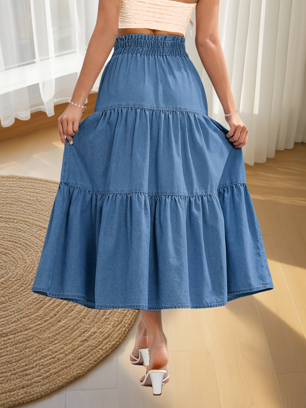 Women's High-Waisted Denim Skirt with Elastic Waistband & Faux Drawstring - Multi-Tiered A-Line Cake Skirt, Ruffled Hem, Cotton, Machine Washable for Spring Summer Fall Casual Outfits, Versatile Fashion, Breathable Fabric
