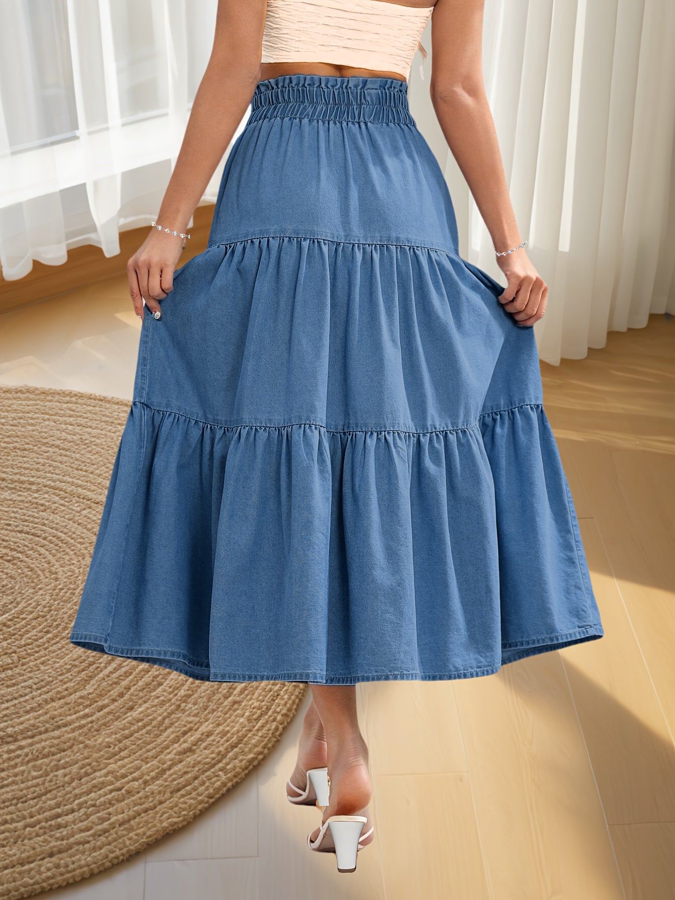 Women's High-Waisted Denim Skirt with Elastic Waistband & Faux Drawstring - Multi-Tiered A-Line Cake Skirt, Ruffled Hem, Cotton, Machine Washable for Spring Summer Fall Casual Outfits, Versatile Fashion, Breathable Fabric