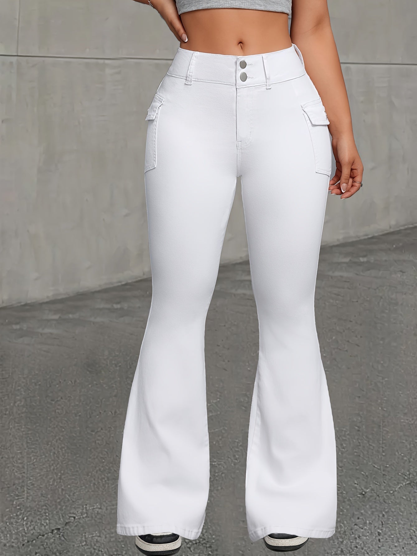 Women's High-Waisted Stretchy Flared Jeans - White Slim Fit Denim Pants with Button Closure, Machine Washable Casual & Formal Wear, All-Season Versatile Trousers
