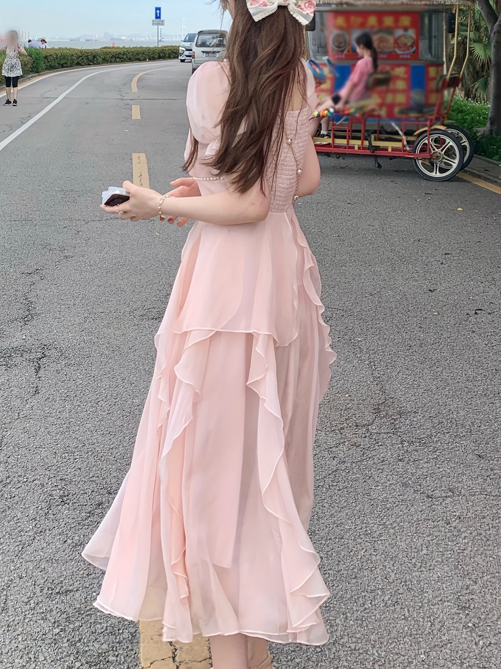 Elegant French-Inspired Midi Dress with Ruffled Sleeves and Square Neckline - Beaded Cinched Waist, Flowing A-Line Silhouette, Perfect for Spring\u002FSummer, Cute Dres