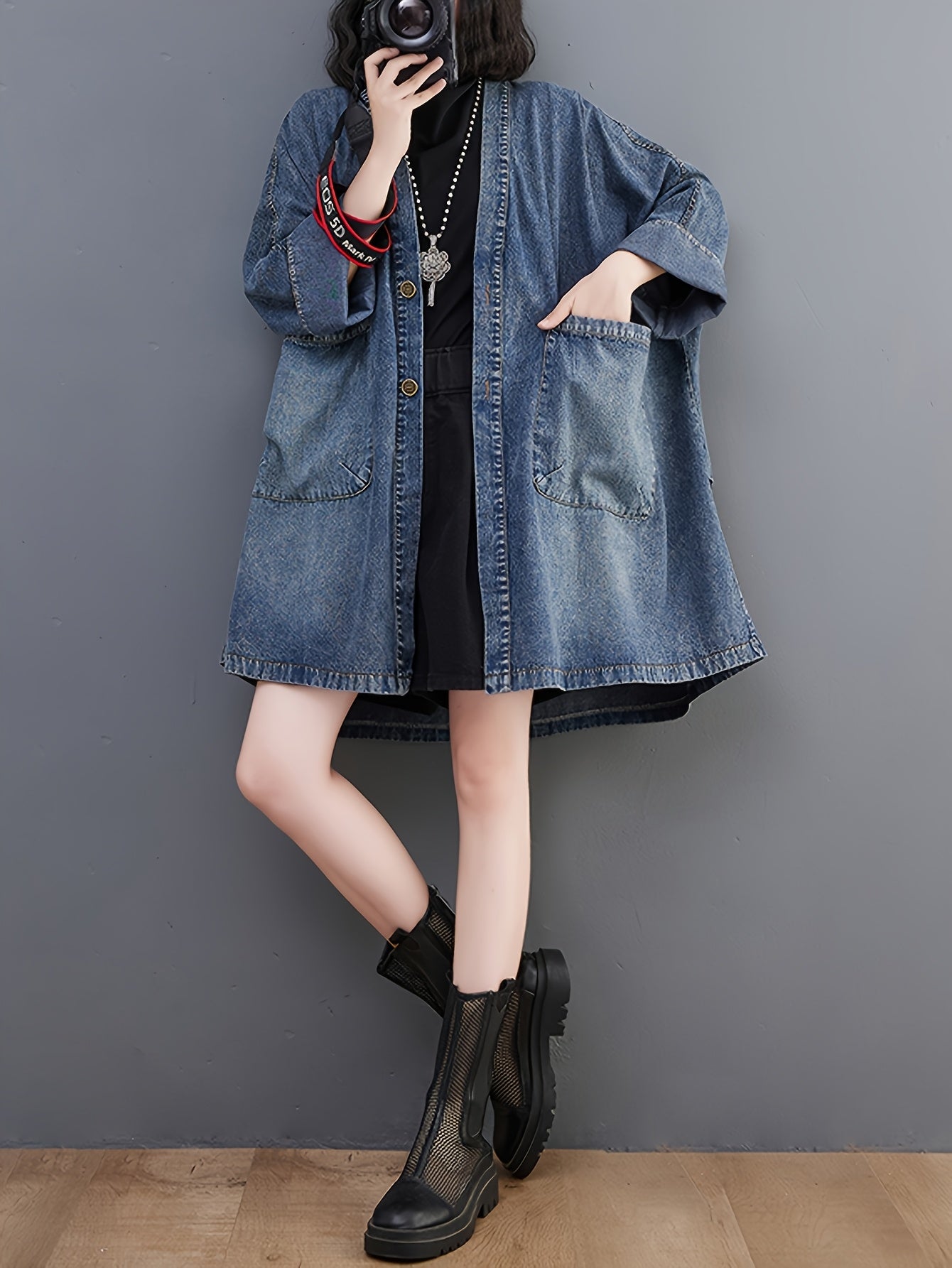 Women's Vintage Japanese-Inspired Distressed Denim Jacket Coat - Loose Fit Long Sleeve Open Front Casual Chic Outerwear, Machine Washable Non-Stretch Denim for Layering, Layering Piece | Decorative Pockets