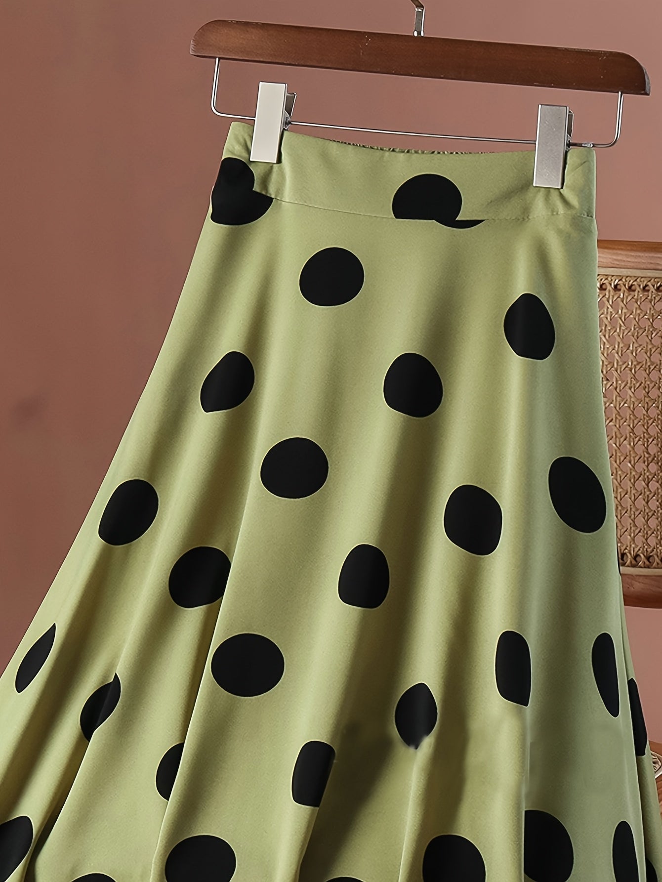 Women's Retro Polka Dot Print Skirt, High-Waisted A-Line Design with Elastic Waistband, Lightweight Polyester Fabric, Green with Black Circles, Casual Spring\u002FSummer Style
