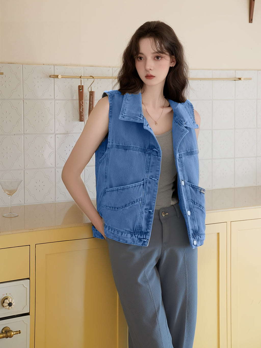2025 New Women's Bohemian Embroidered Denim Vest - Sleeveless Buttoned Jacket with Pockets, Light Blue Spring and Autumn Casual Outerwear