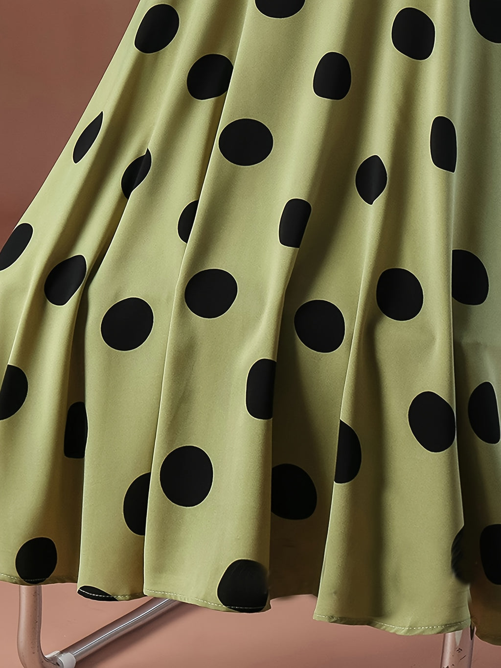 Women's Retro Polka Dot Print Skirt, High-Waisted A-Line Design with Elastic Waistband, Lightweight Polyester Fabric, Green with Black Circles, Casual Spring\u002FSummer Style