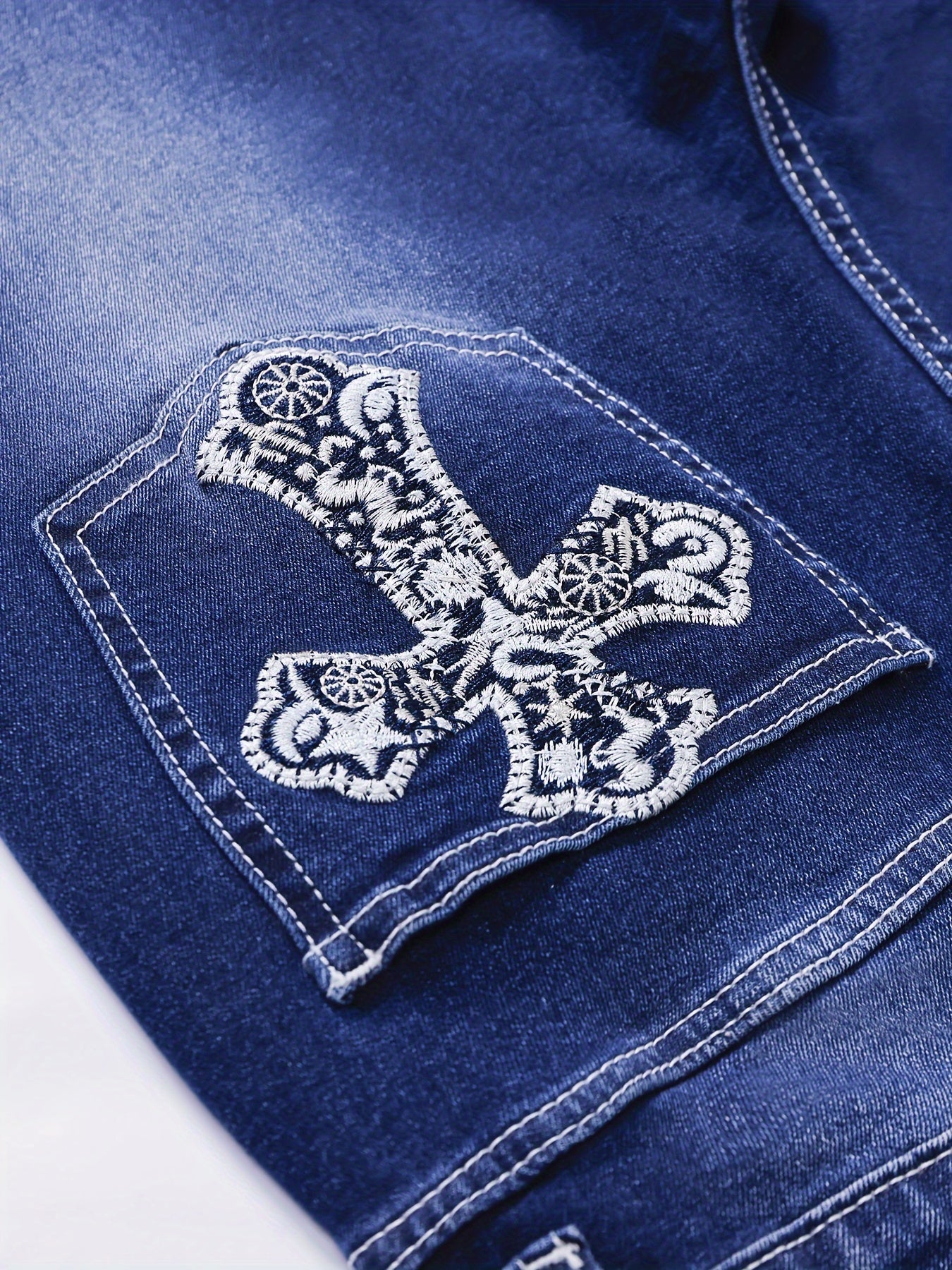 Cross Embroidery Whiskering Washed Blue Retro Style Zipper Button Closure Denim Pants, Women's Denim Jeans & Clothing