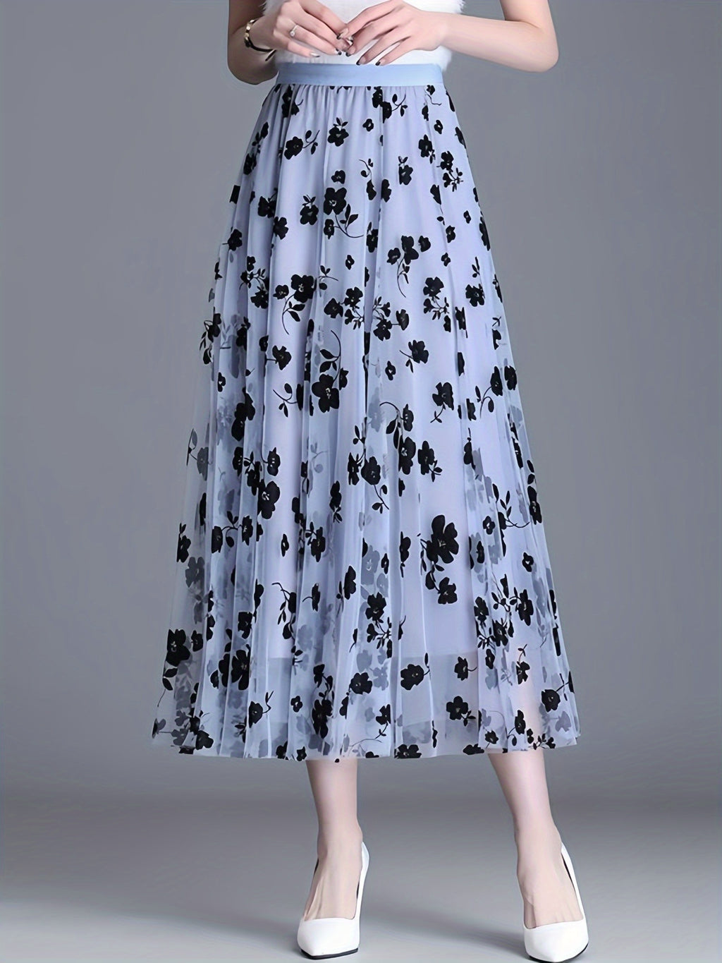 Directional Elegant Floral Printed Mesh Skirt, High-Waisted Casual Long Skirt, Women'S Clothing