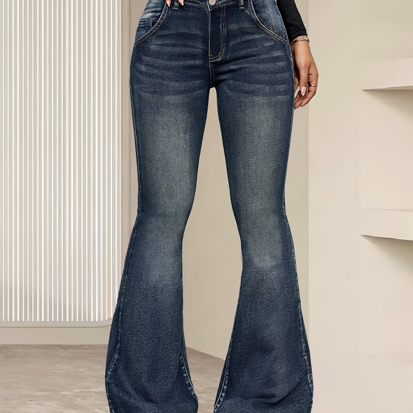 1pc Elegant High-Waisted Flare Jeans for Women, Vintage Blue Denim with Cat Whisker Detail, Stretch Fabric, Solid Pattern, Long Length, All-Season, Button Closure, Woven Weave