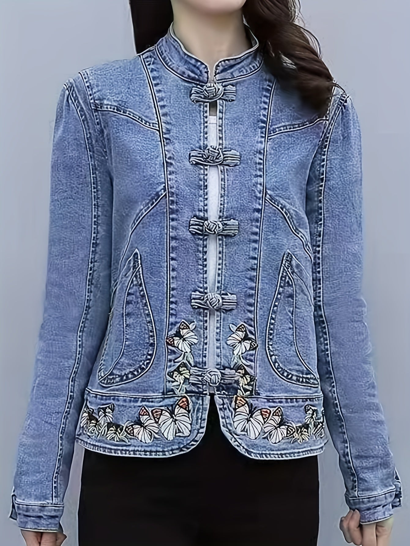 Women'S Vintage-Inspired Denim Jacket with Floral Embroidery - Short, Stretchy, Non-Stretch Fabric, Perfect for Spring & Fall, Casual Style Jacket|Vintage Denim Jacket|Embroidered Detail