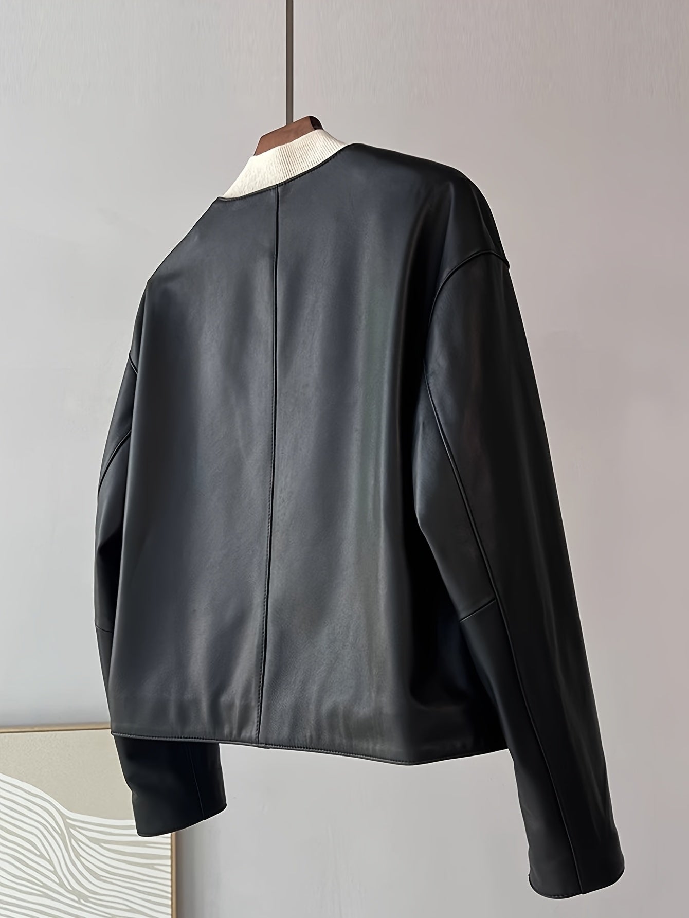 Women's Chic Green PU Leather Jacket - Casual Short Style with Button Front, Long Sleeves, and Side Pockets for Spring\u002FFall