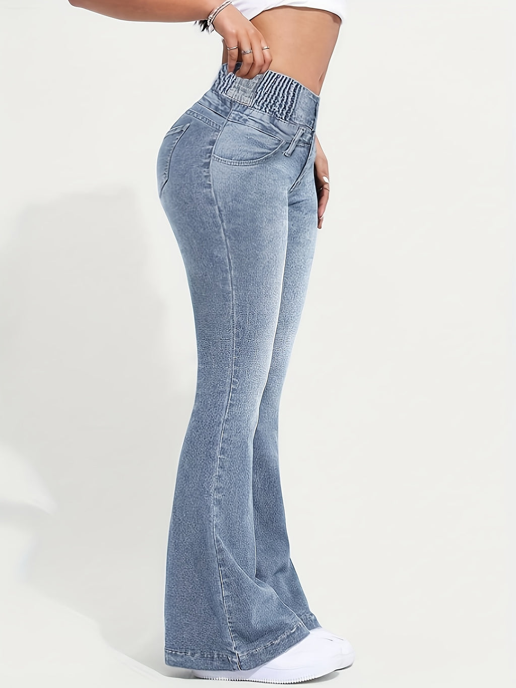 Stretch Comfort Women's High-Waist Stretch Denim Flare Jeans - Sexy Bell Bottoms with Slant Pockets, Light Blue Washed Mid-Rise Denim Pants for Everyday Style, Everyday Jeans | Sexy Highwaist Jeans | Comfortable Fit