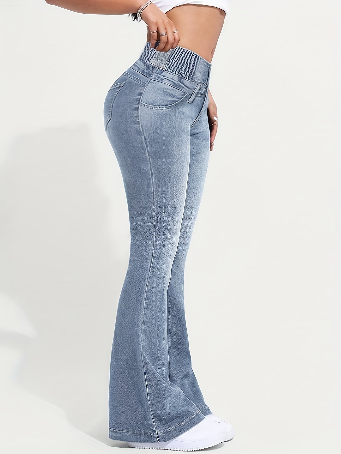 Stretch Comfort Women's High-Waist Stretch Denim Flare Jeans - Sexy Bell Bottoms with Slant Pockets, Light Blue Washed Mid-Rise Denim Pants for Everyday Style, Everyday Jeans | Sexy Highwaist Jeans | Comfortable Fit