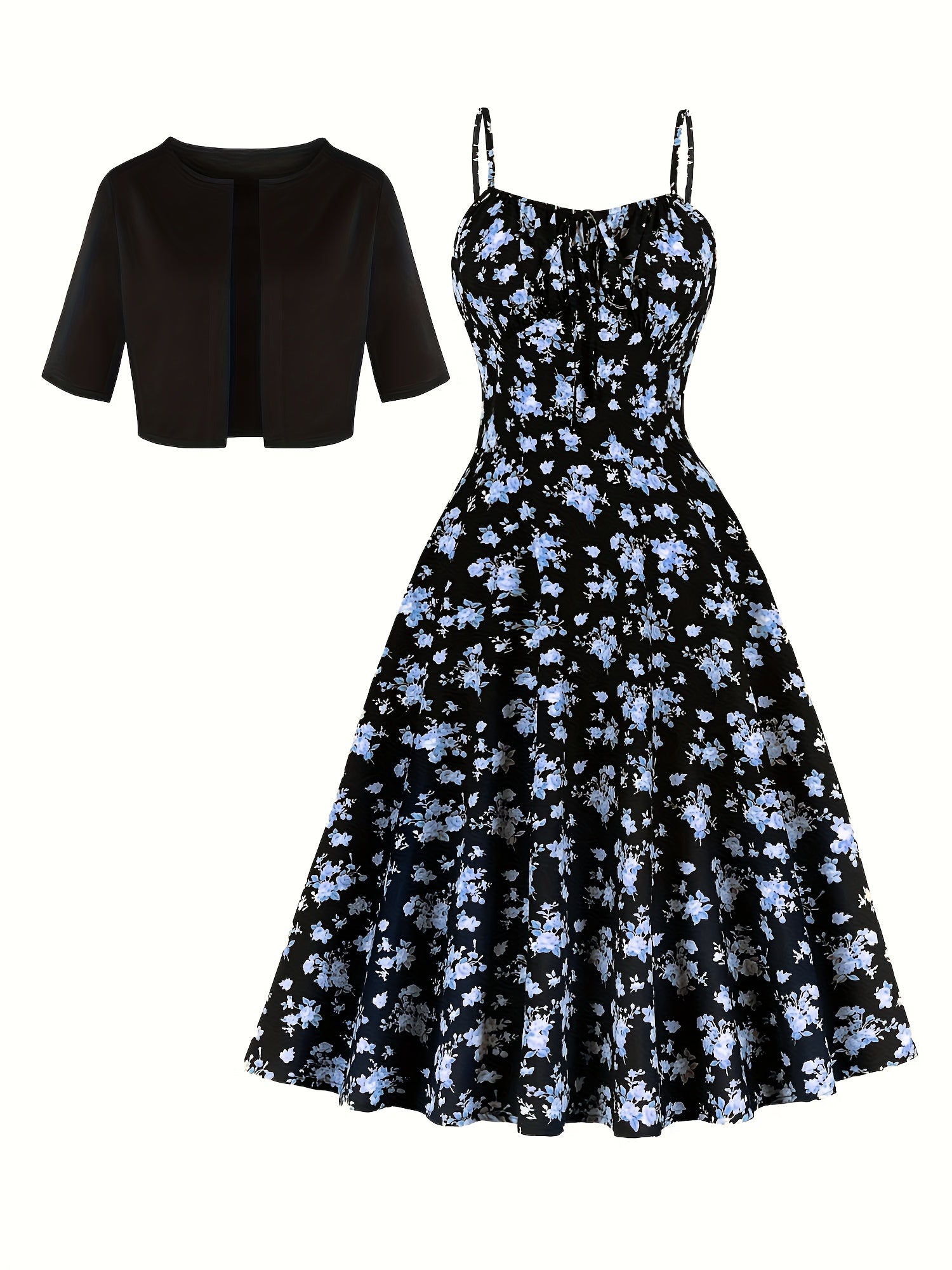 Charming Floral Strap Skirt Women's Sweet Versatile Black Blouse Dress Set