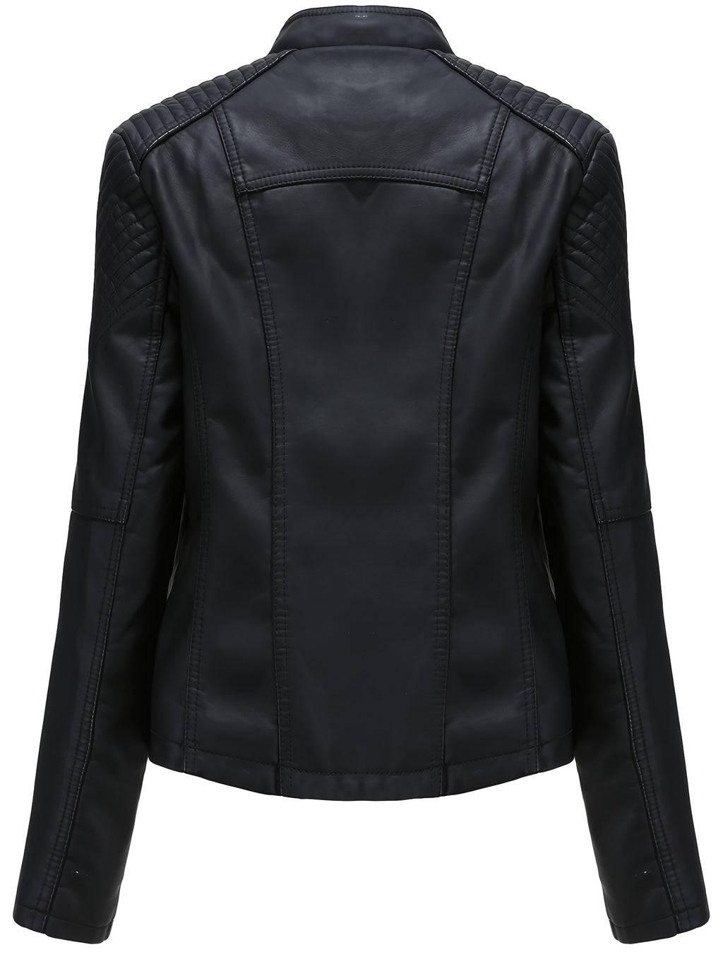 Short Silvery Zippered Motorcycle Jacket Black PU Moto Coat - Stand-Up Collar with Metal Buckles, Slim Fit Short Length, Shoulder Stitched Texture, Zippered Pockets