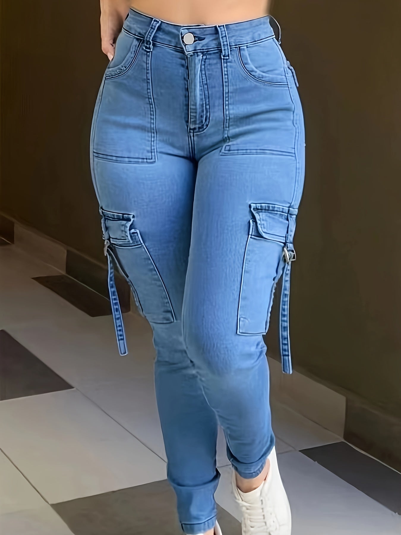 Women's High-Elasticity Skinny Cargo Jeans with Side Pockets - Stretch Denim, Mid-Rise, Light Blue, Street Style, Machine Washable