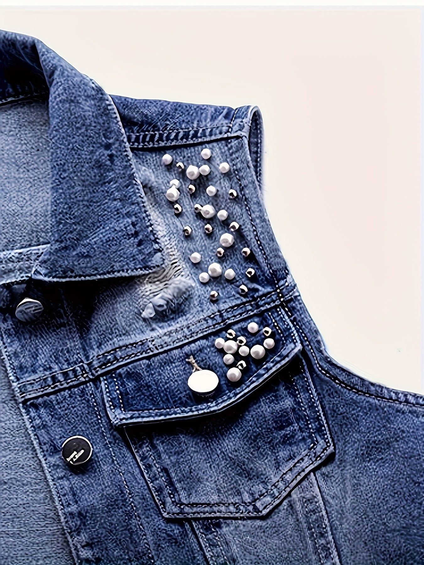 Women's Distressed Denim Vest Jacket with Pearl & Stud Embellishments - Sleeveless Retro Casual Short Length Jacket, Solid Color Regular Fit for Spring\u002FFall, Elegant Special Collection, Spring Outerwear, Pearl And Stud Details, Elegant Texturing