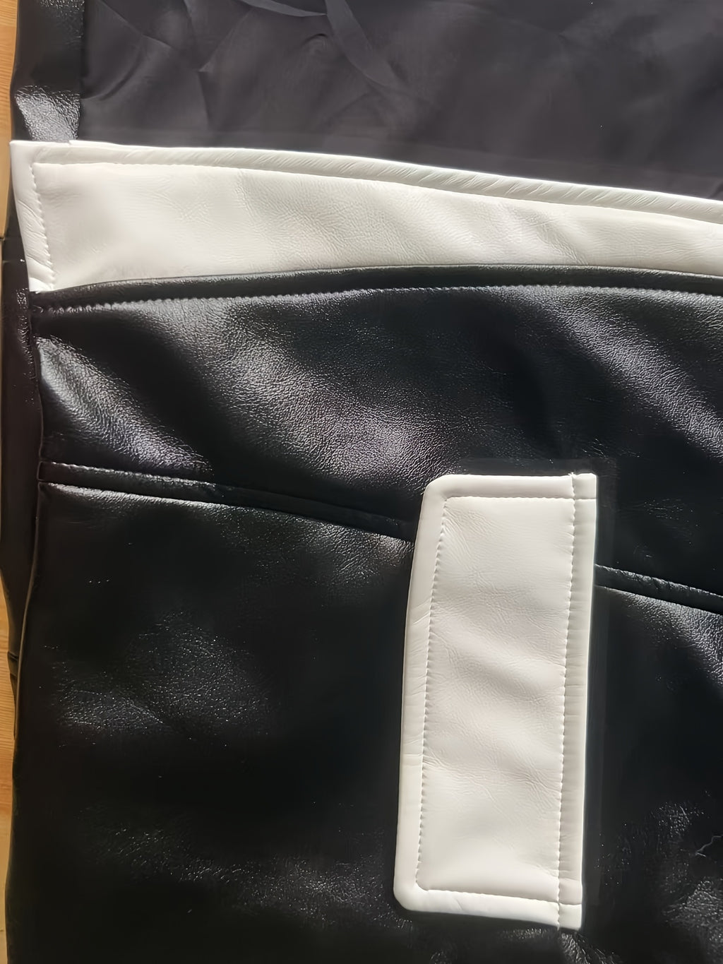 PUPU Women's Elegant Black & White Contrast PU Leather Jacket - Machine Washable Notch Lapel Biker Jacket with Fake Pockets, All-Season Versatile Outerwear, Stylish Layering, Modern Fashion, Polished Look, Trendconscious Buyers