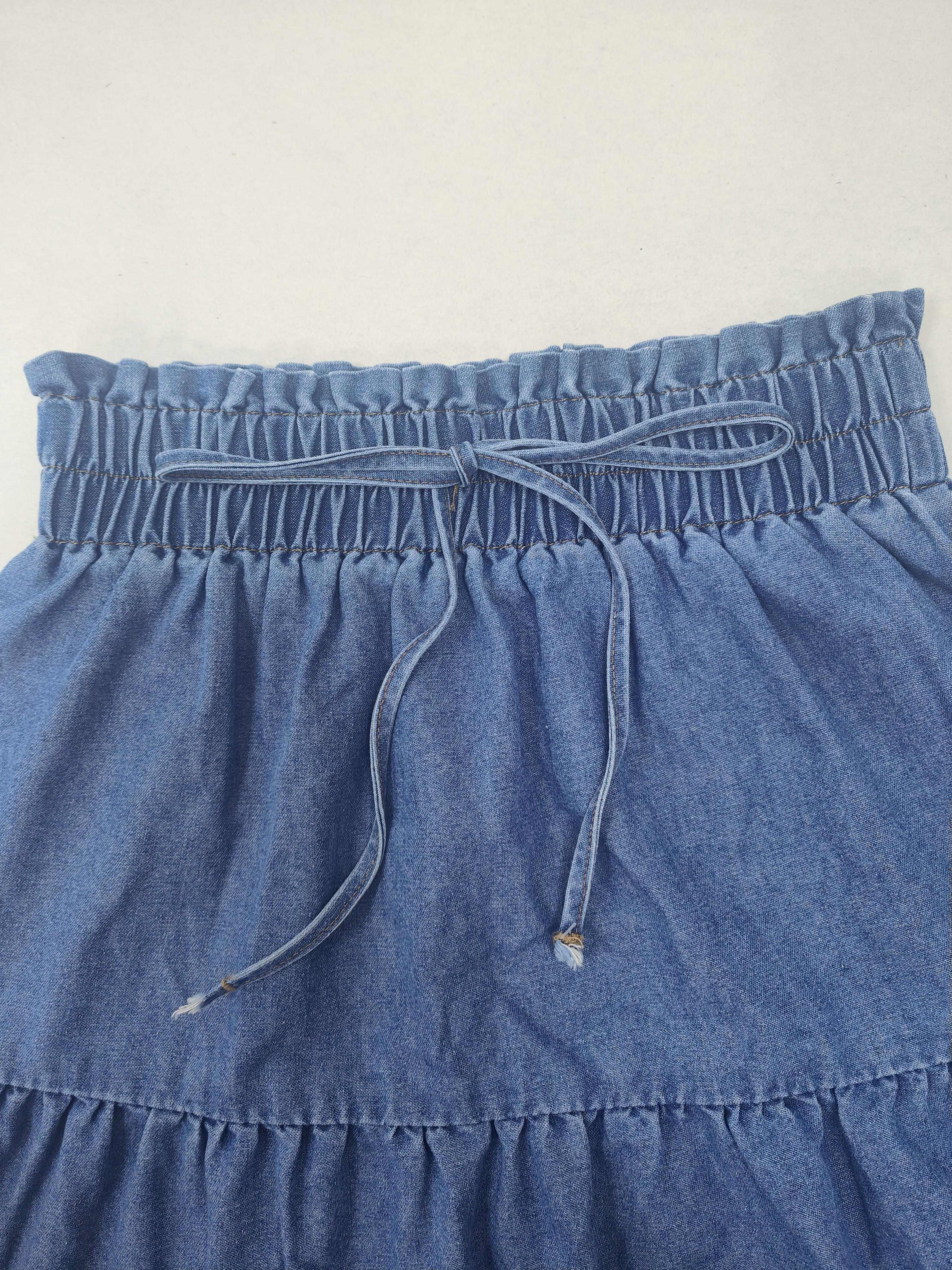 Women's High-Waisted Denim Skirt with Elastic Waistband & Faux Drawstring - Multi-Tiered A-Line Cake Skirt, Ruffled Hem, Cotton, Machine Washable for Spring Summer Fall Casual Outfits, Versatile Fashion, Breathable Fabric