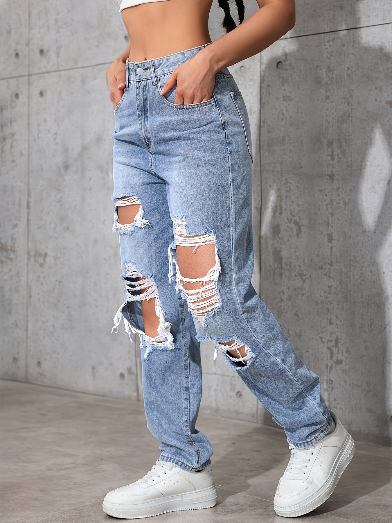 Light Blue Distressed Straight-Leg Vintage Long Pants