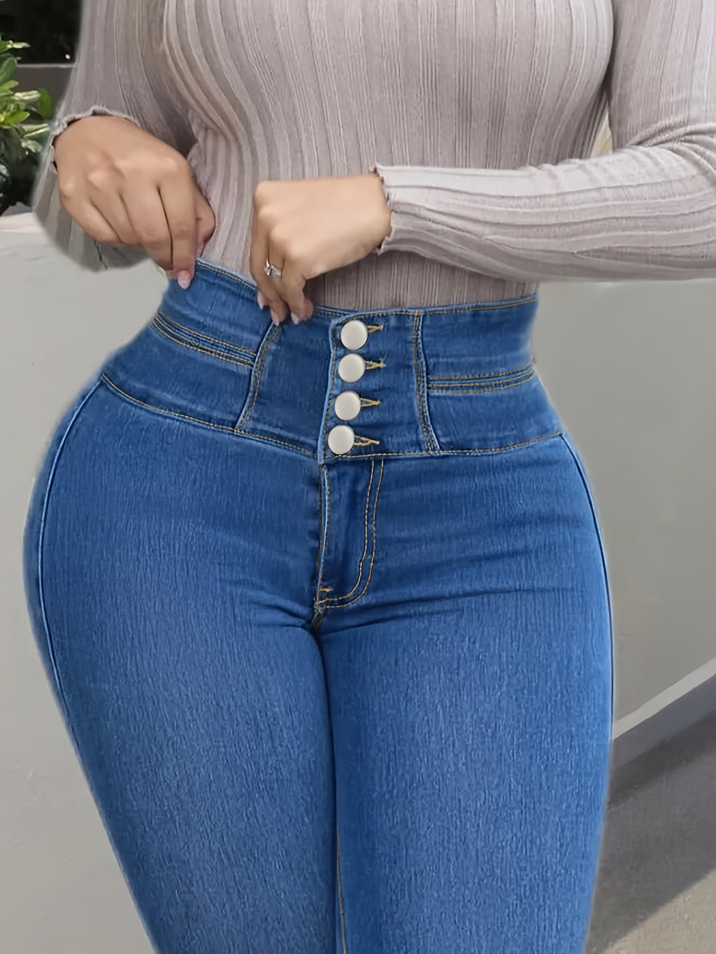 Traceable Women's High Waist High Elastic Button Tight Fitted Hip Lift Solid Color Body Shaping Jeans