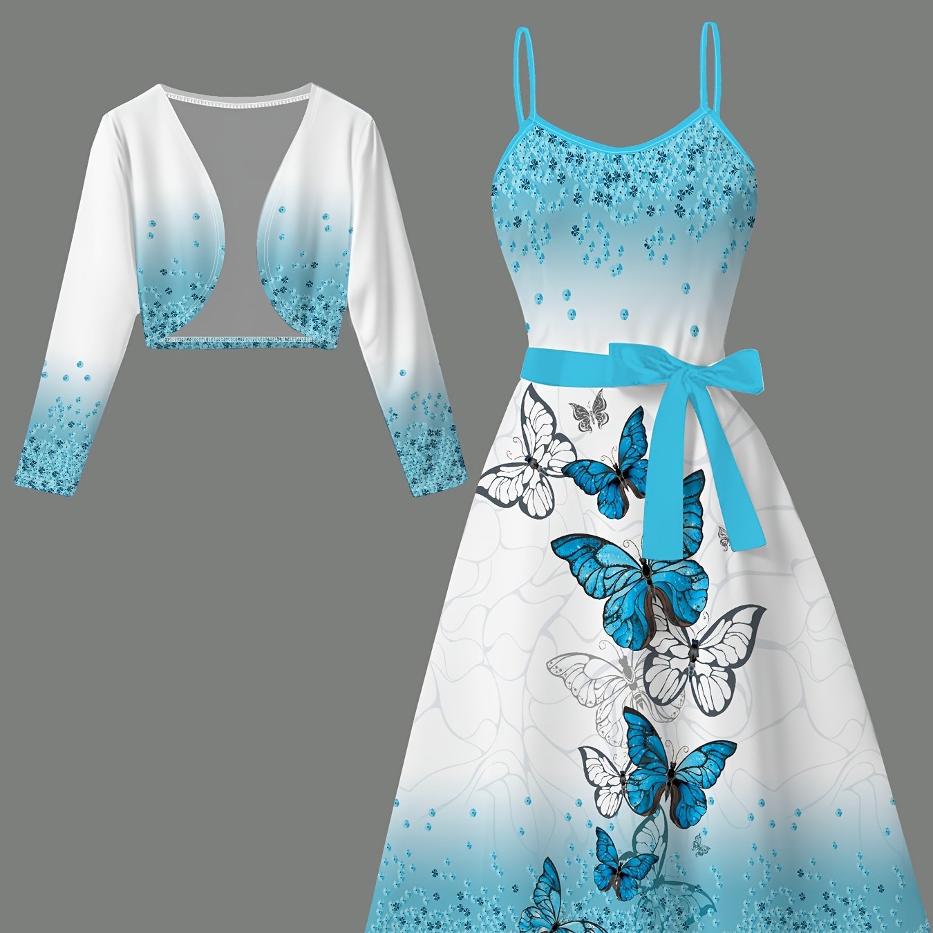 Charming Elegant Women's Long Sleeve Crop Jacket + Belt + Halter Dress Set with Fashionable Blue and White Gradient Butterfly Print